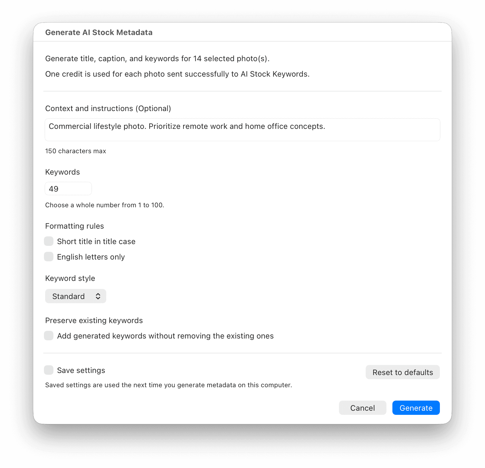 AI Stock Keywords metadata generation settings in Lightroom Classic
