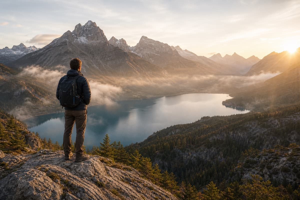 Hiker overlooking a misty alpine lake and mountain peaks at sunrise